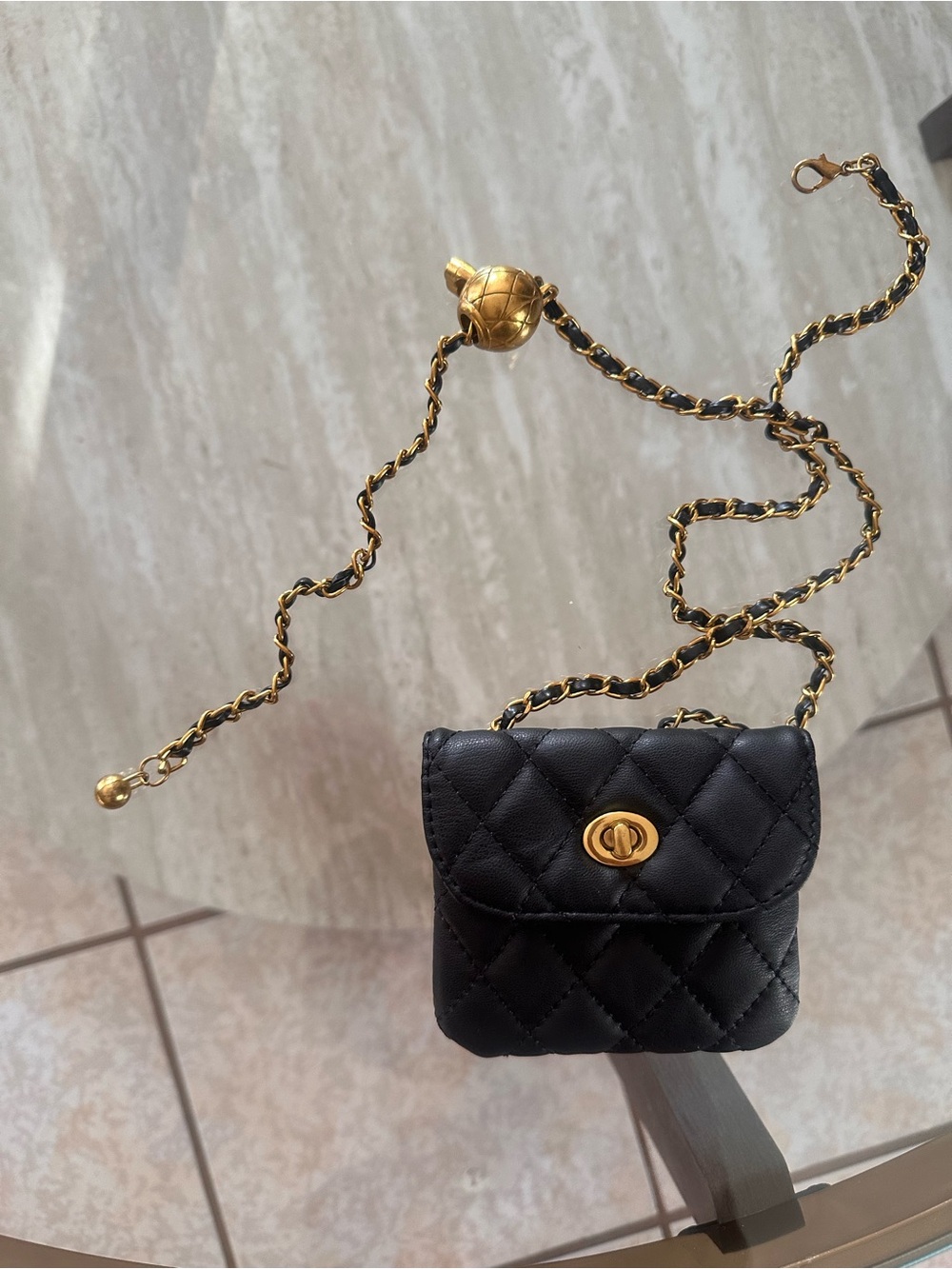 Black Quilted Mini Shoulder Bag with Gold-Tone Chain